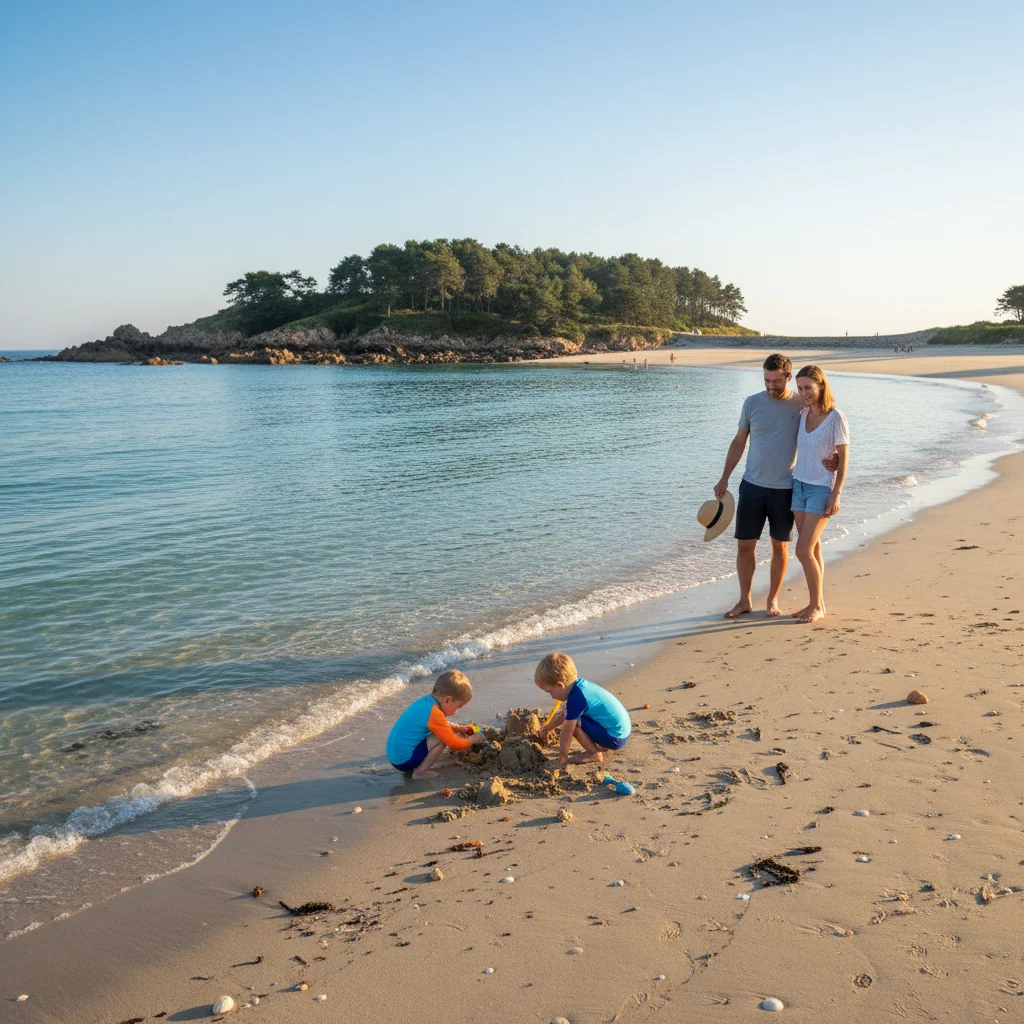 Famille avec enfants sur la plage du Kelenn à Carantec, vue sur la baie de Morlaix par beau temps ensoleillé