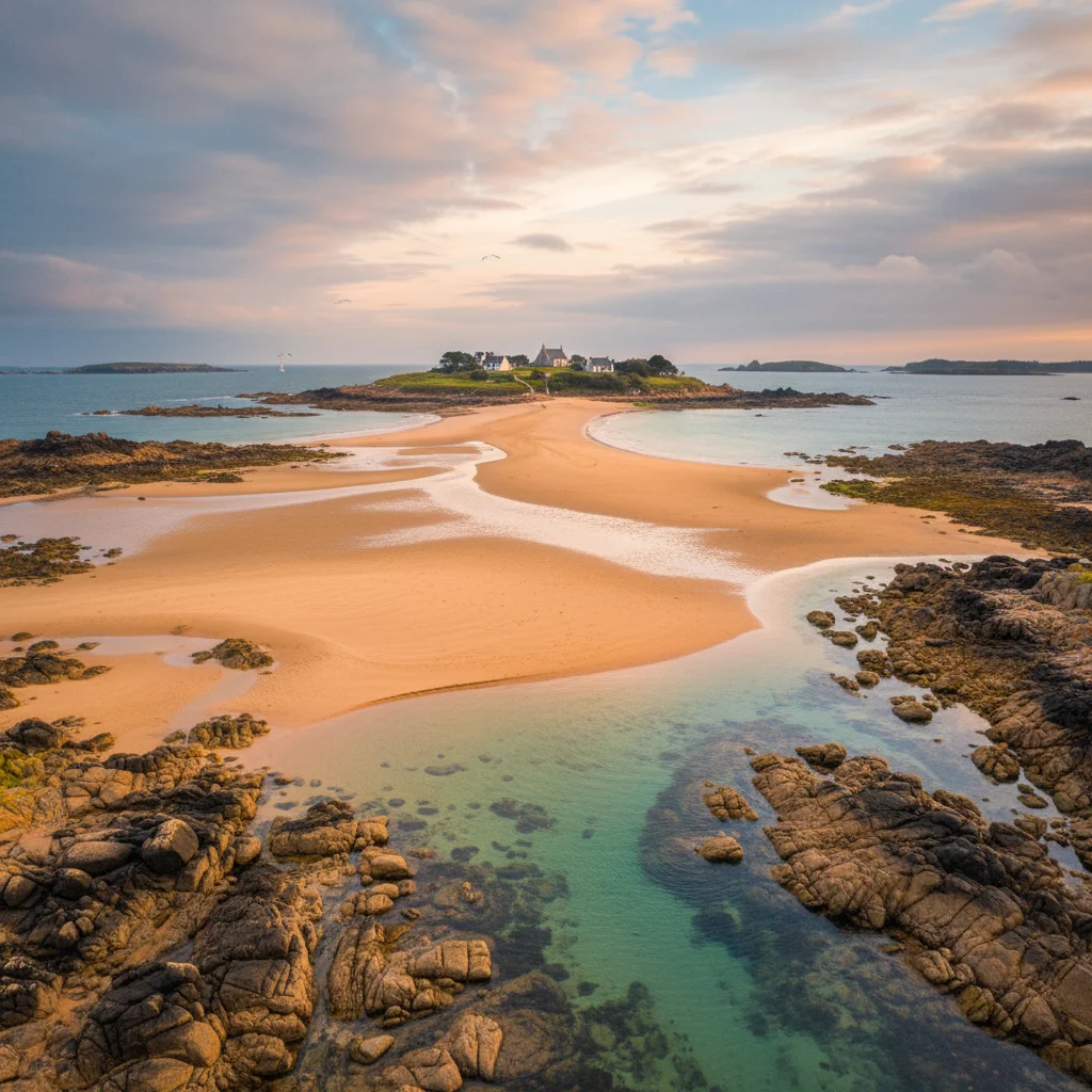 Vue depuis la plage du Kelenn à Carantec lors d'une grande marée basse, chemin vers l'île Callot visible au premier plan
