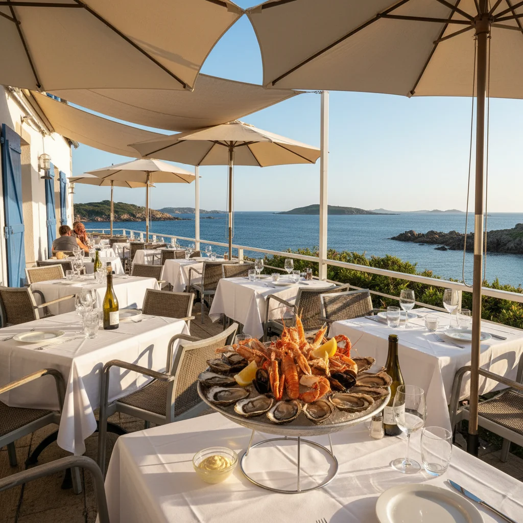 Terrasse d'un restaurant breton en bord de mer à Carantec avec plateau de fruits de mer, huîtres fraîches et vue panoramique sur la baie de Morlaix