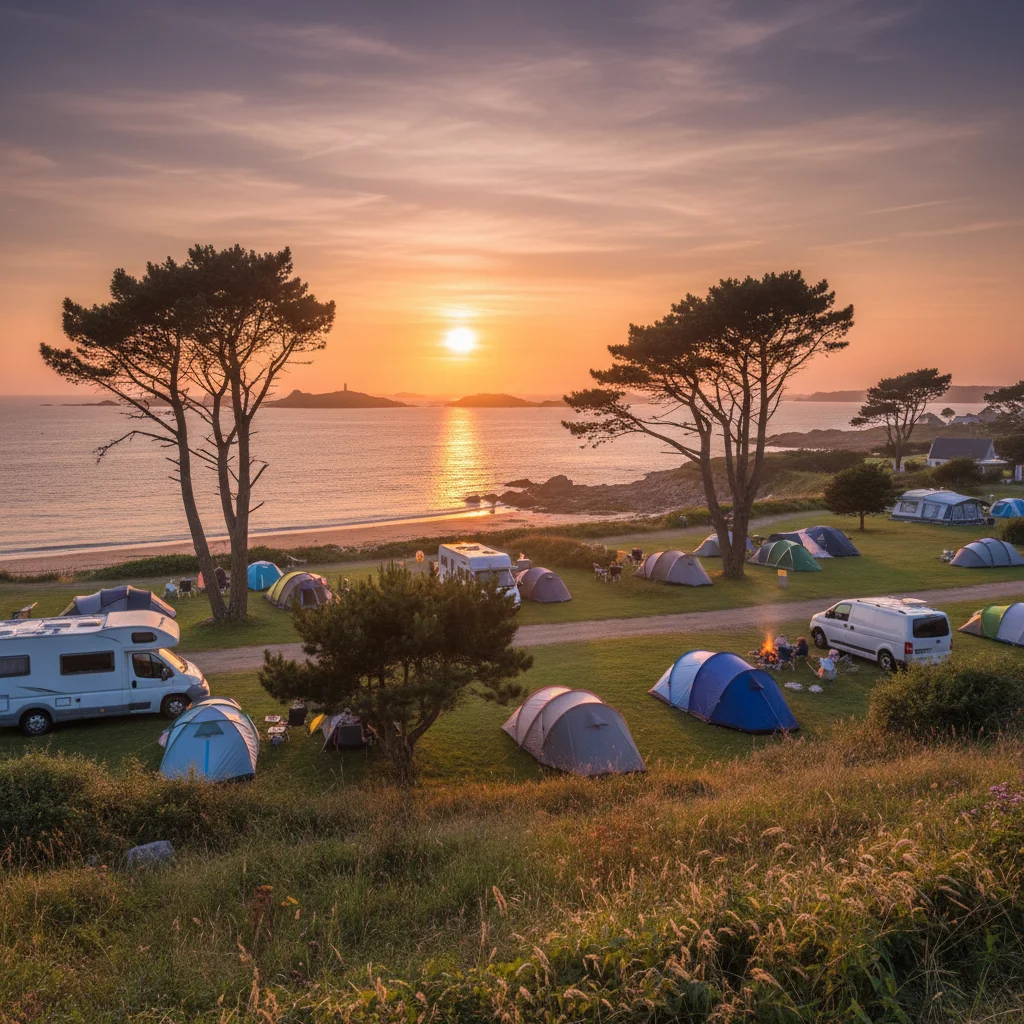 Vue du camping Les Mouettes bord de mer à Carantec, emplacements verdoyants face à la baie de Morlaix, Finistère