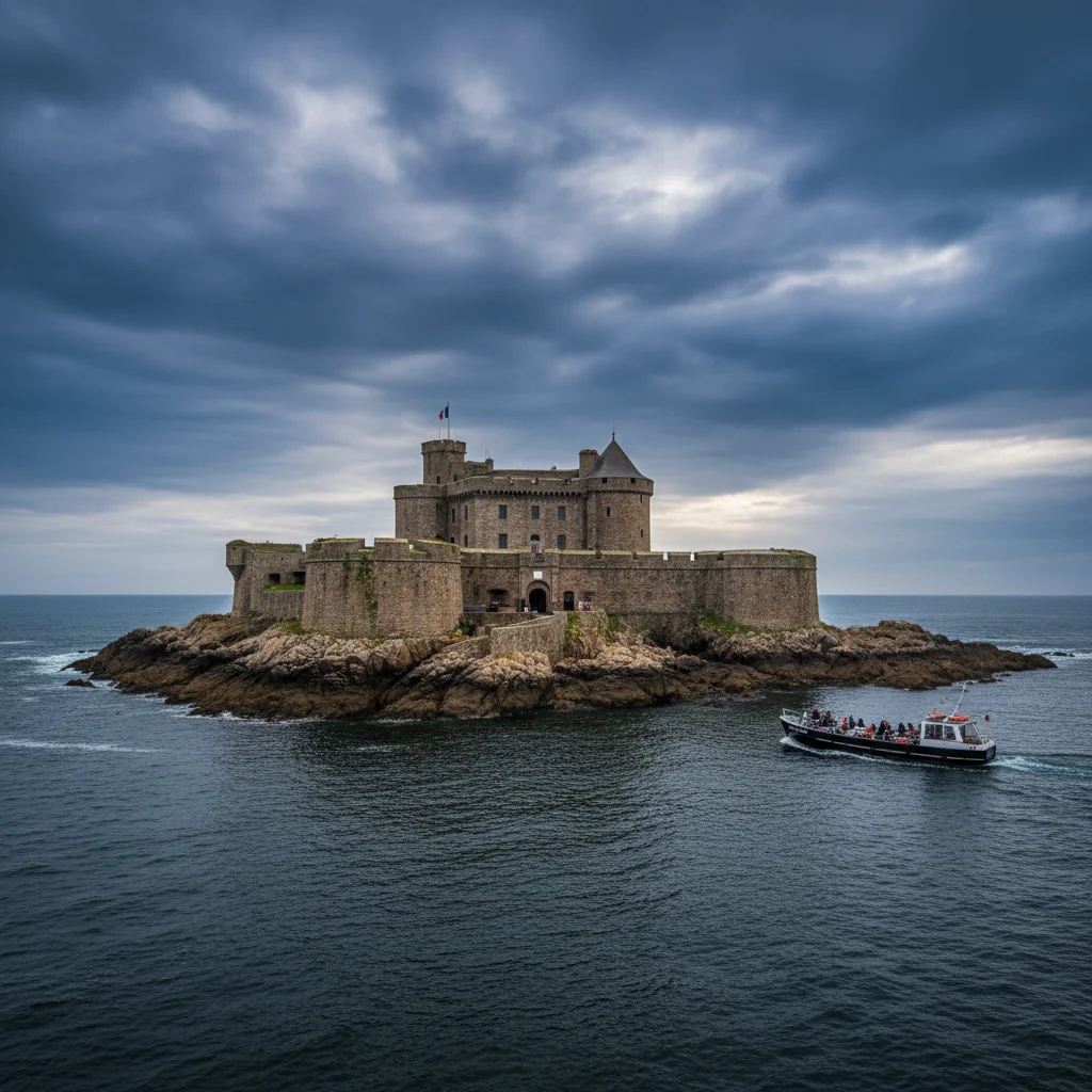 Château du Taureau en baie de Morlaix, vue depuis la mer, fort de granit entouré d'eau