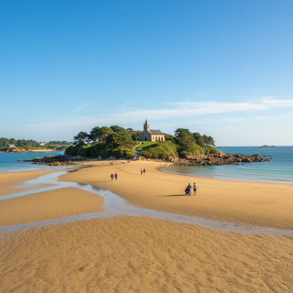 Vue aérienne de l'île Callot à Carantec, Finistère, avec la chaussée submersible et la baie de Morlaix